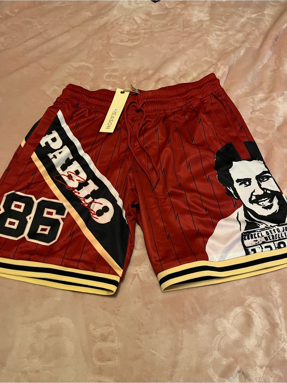 Reason Red Graphic Athletic Shorts with Black & Yellow Accents